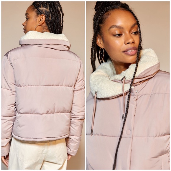 Rose Pink Fleece Lined Wide Collar Puffer Coat Jacket - Picture 2 of 8